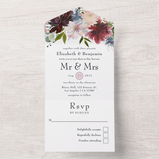 Hochzeit mit Burgund, Rose und Marineblau All In One Einladung (Innen Boden)
