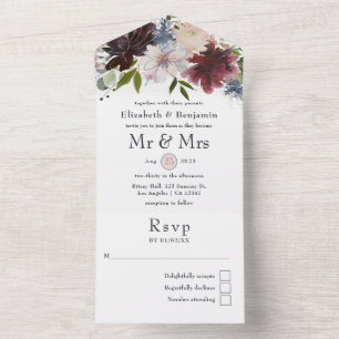 Hochzeit mit Burgund, Rose und Marineblau All In One Einladung