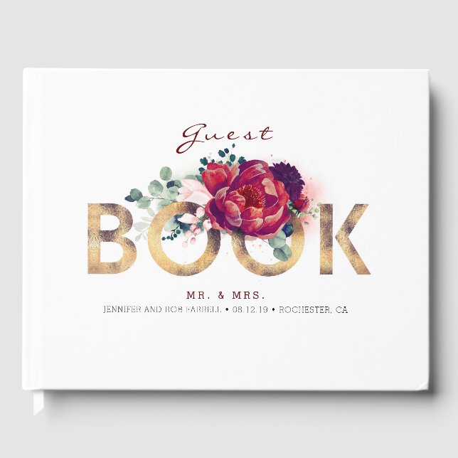 Hochzeit mit Burgund Rot und Gold Gästebuch (Vorderseite)