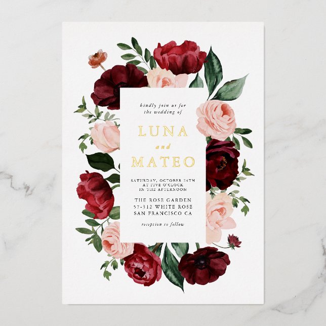 Hochzeit mit Burgund und Blush-Foto Folieneinladung (Vorderseite)