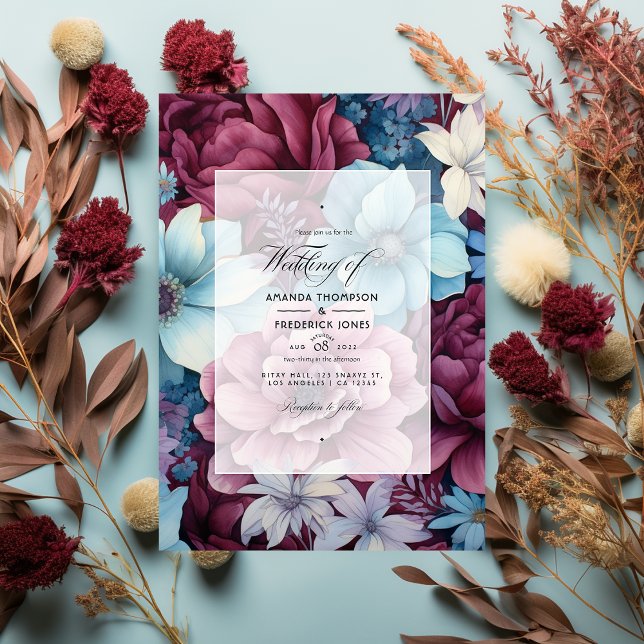 Hochzeit mit Burgund und Dusty Blue Floral Wedding Einladung (Von Creator hochgeladen)