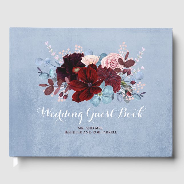 Hochzeit mit Burgund und Dusty Blue Floral Wedding Gästebuch (Vorderseite)