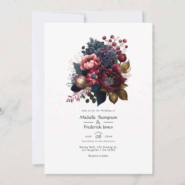 Hochzeit mit Burgund und Marinefeldern Einladung (Vorderseite)