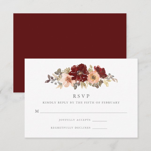 Hochzeit mit Burgund und Peach Floral RSVP Karte (Vorne/Hinten)