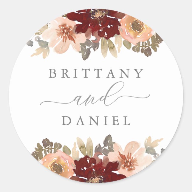 Hochzeit mit Burgund und Peach Floral Runder Aufkleber (Vorderseite)