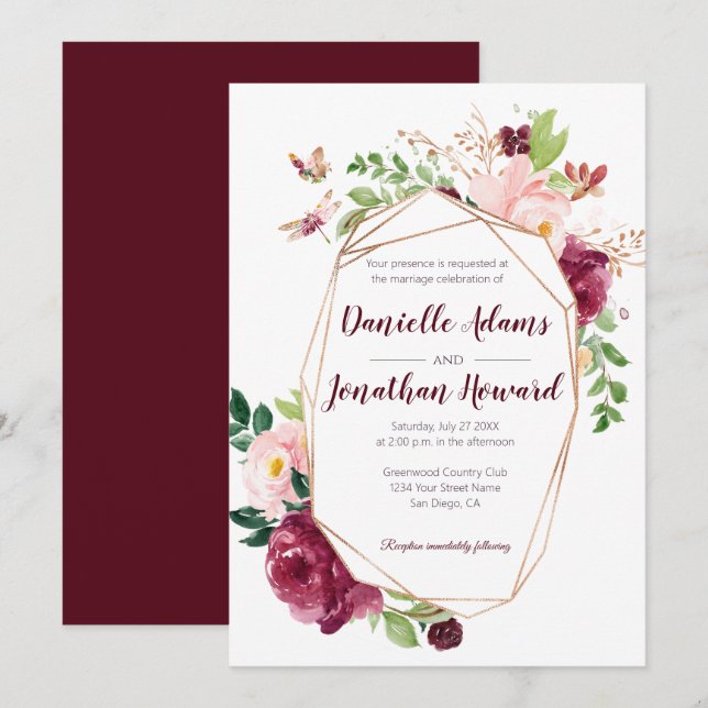 Hochzeit mit Burgund und rosa Wasserfarbe | Einladung (Vorne/Hinten)
