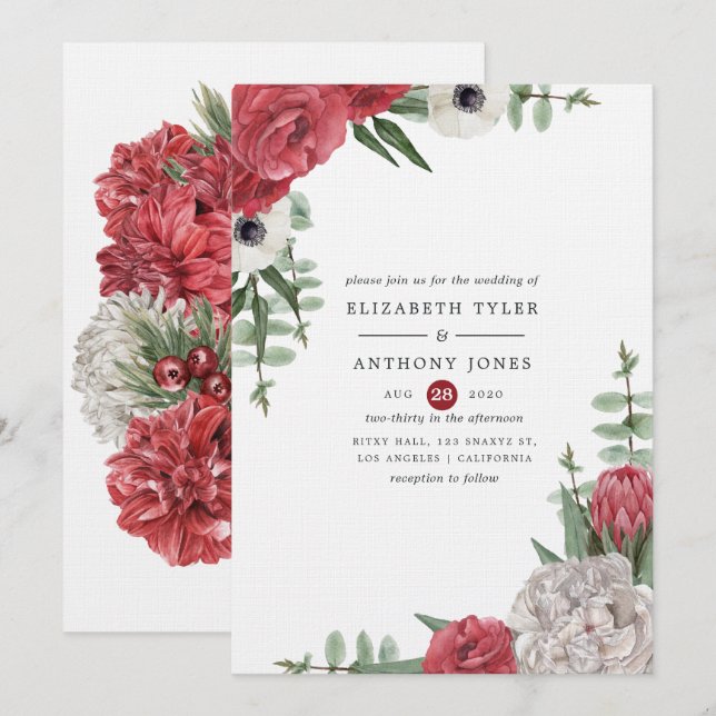 Hochzeit mit Burgund und Weiße Flora Einladung (Vorne/Hinten)