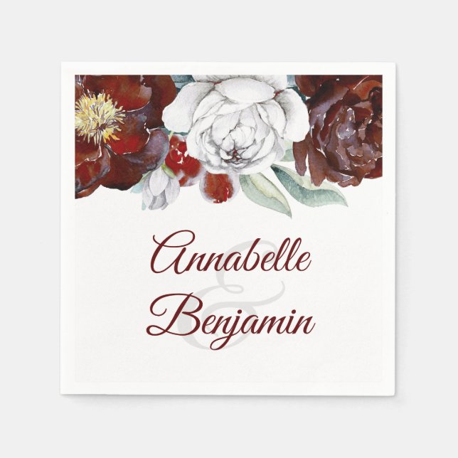 Hochzeit mit Burgund und Weißer Wasserfarbe Serviette (Vorderseite)