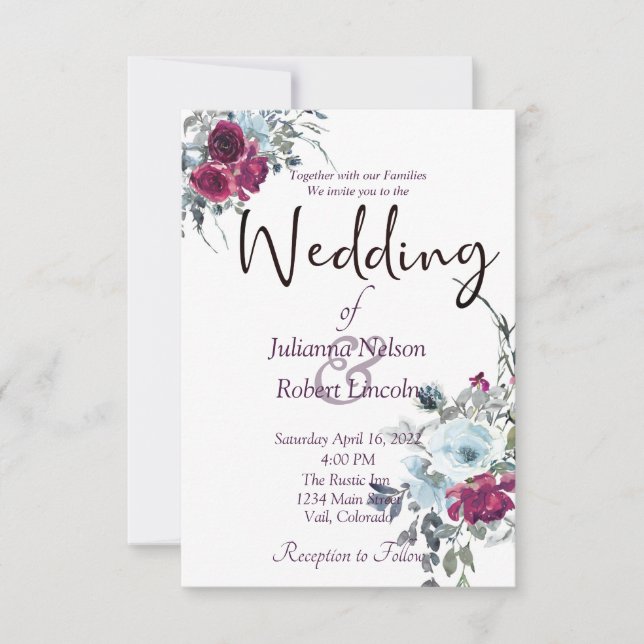Hochzeit mit Burgunder und blauen Aquarellfarben Einladung (Vorderseite)