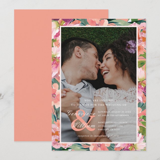 Hochzeit mit dem Coral und dem Peach Foto Einladung (Vorne/Hinten)