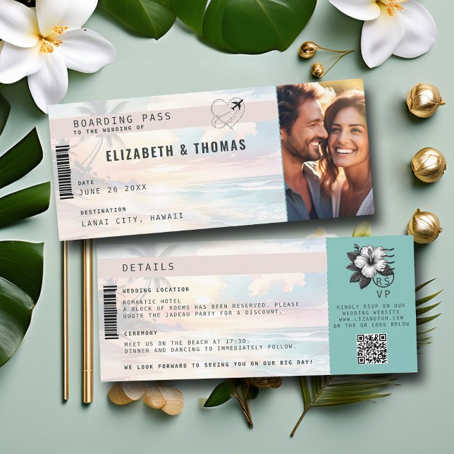 Hochzeit mit dem Flugzeug der tropischen Destinati Einladung (destination wedding tropical beach sunset boarding pass invitation photo template elegant modern)