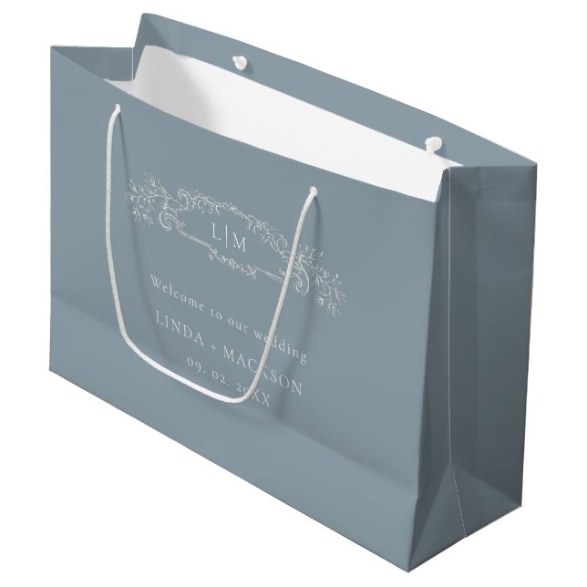 Hochzeit mit dunkelblauem botanischem Wappen Große Geschenktüte (Vorderseite Schrägansicht)