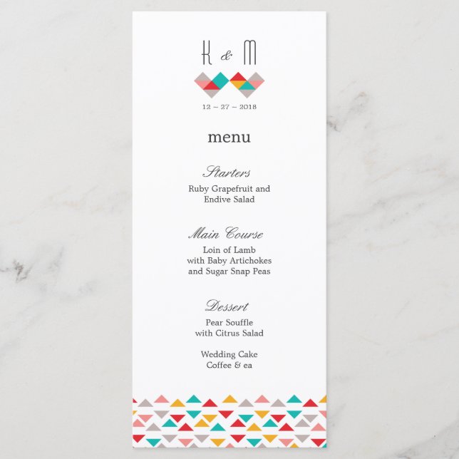 Hochzeit mit farbenfrohen geometrischen Dreieckssc Menükarte (Vorderseite)