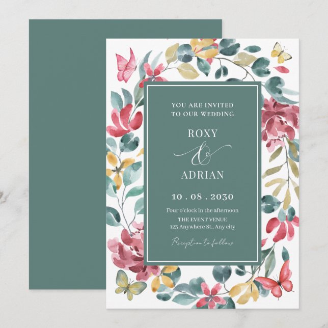 Hochzeit mit floralen Aquarellen Einladung (Vorne/Hinten)