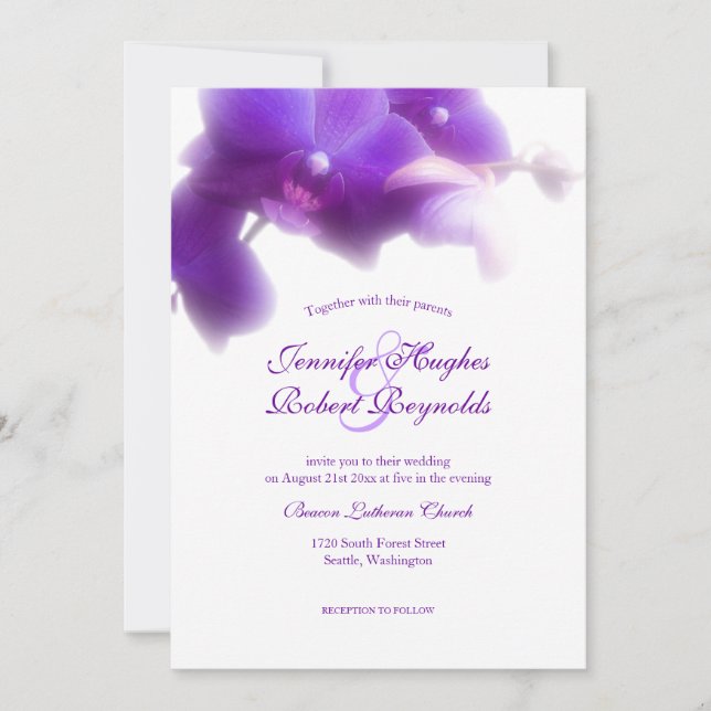 Hochzeit mit floraler und eleganter Lila Orchidee Einladung (Vorderseite)