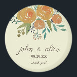 Hochzeit mit gelbem Orange, Creme und brauner Blum Magnet<br><div class="desc">Ein klassischer und eleganter Hochzeitsmagnet mit gelb-orangefarbenen Rose und Pfennigfugen,  botanischen und eukalyptus-Blätter im cremegelben Hintergrund. Ein Dankeschön für Ihre Gäste.</div>