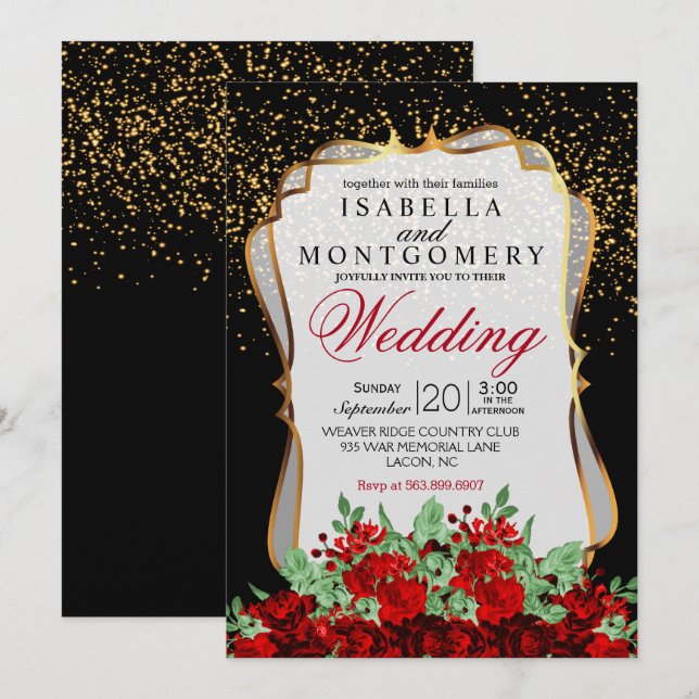 Hochzeit mit Gold Confetti, Schwarz und Rot-Flora Einladung (Vorne/Hinten)