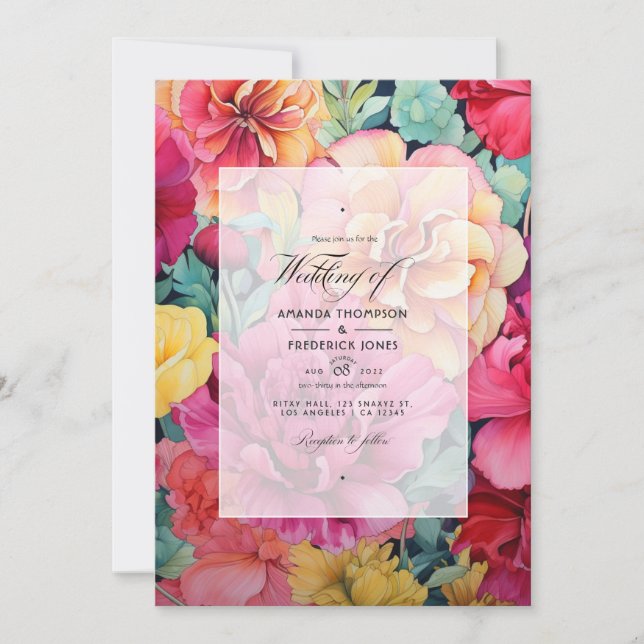 Hochzeit mit Gold, Hot-Pink und Green-Floral Einladung (Vorderseite)