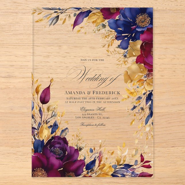 Hochzeit mit Gold, Navy Blue und Burgund Acryleinladungen (Vorderseite)