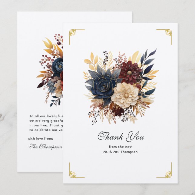 Hochzeit mit Gold, Navy Blue und Burgund Dankeskarte (Vorne/Hinten)