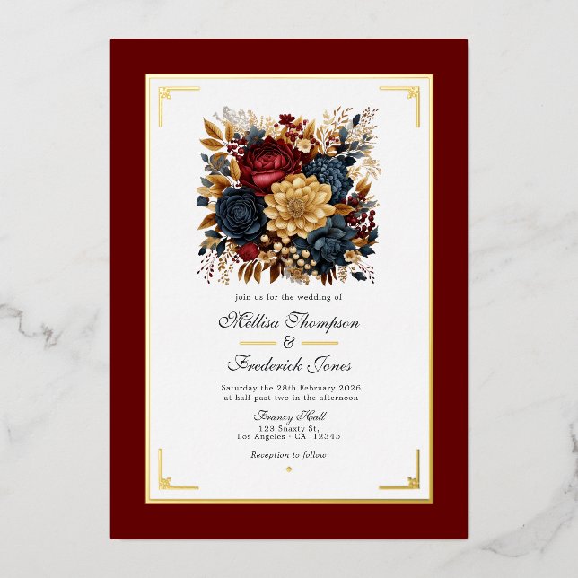 Hochzeit mit Gold, Navy Blue und Burgund Folieneinladung (Vorderseite)