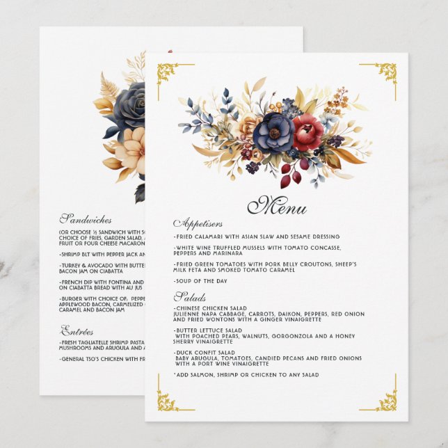 Hochzeit mit Gold, Navy Blue und Burgund Menükarte (Vorne/Hinten)