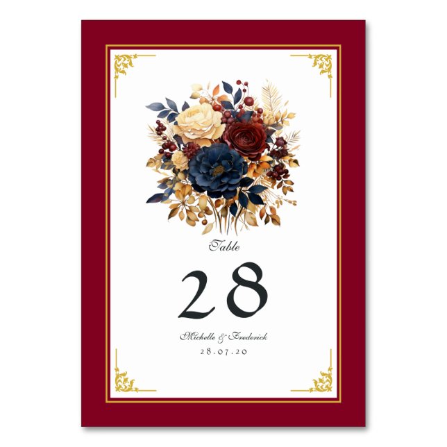 Hochzeit mit Gold, Navy Blue und Burgund Tischnummer (Vorderseite)