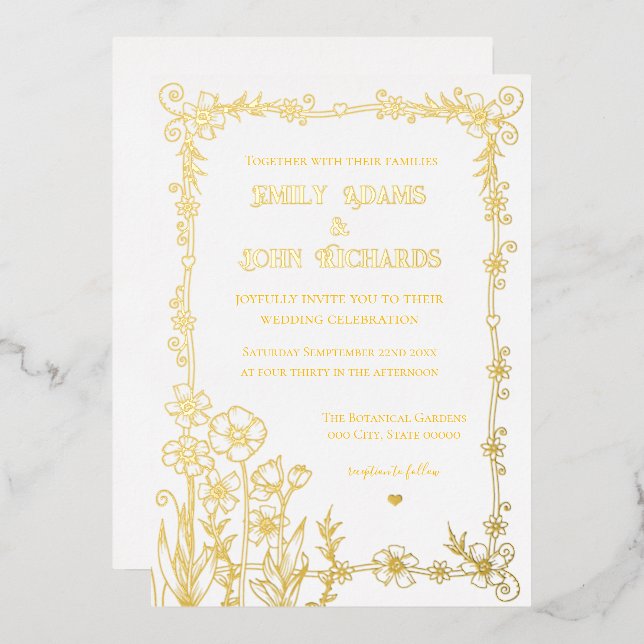 Hochzeit mit Gold und Weiß-Blumen Folieneinladung (Vorderseite/Rückseite)