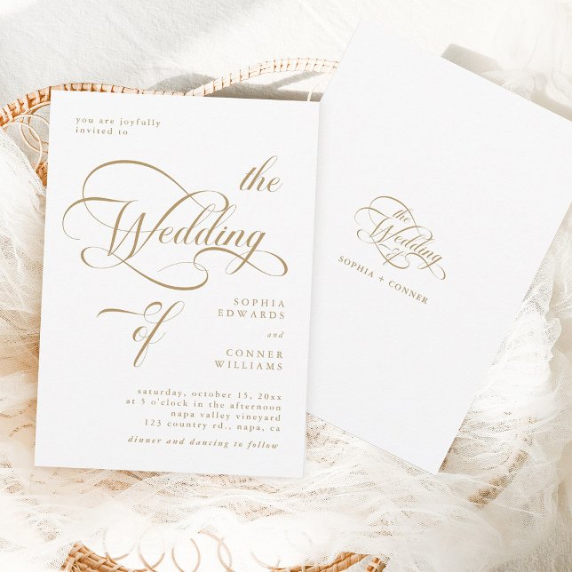 Hochzeit mit Gold und Weiß in klassischer Calligra Einladung (Front & Back)