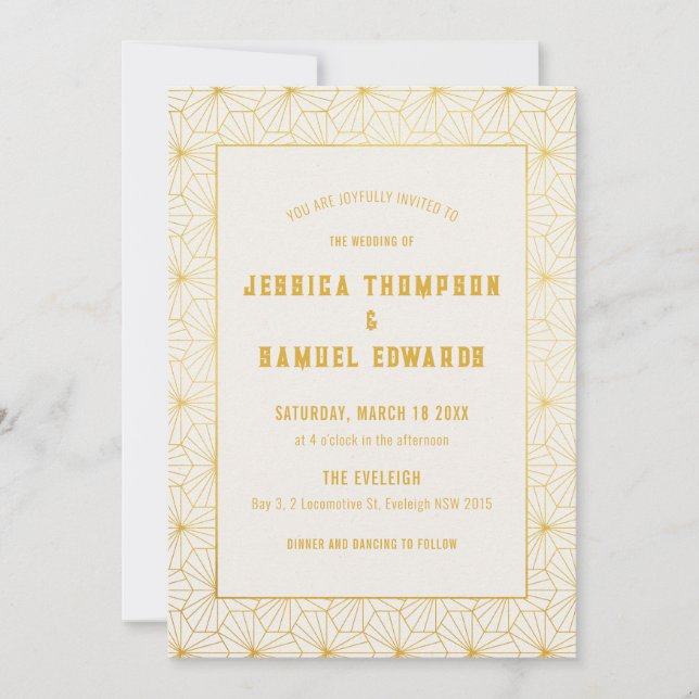 Hochzeit mit Gold und White Geometric Art Déco Einladung (Vorderseite)