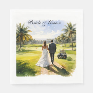Hochzeit mit Golfspiel, Braut und Bräutigam auf de Serviette