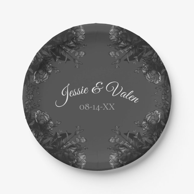 Hochzeit mit grauen und schwarzen Blumen Pappteller (Vorderseite)