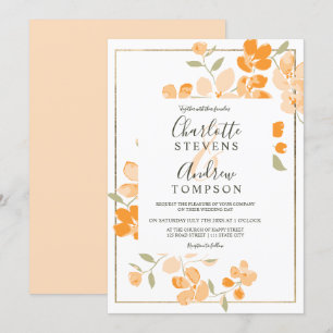 Hochzeit mit Korallenorange Goldblume Wasserfarbe Einladung