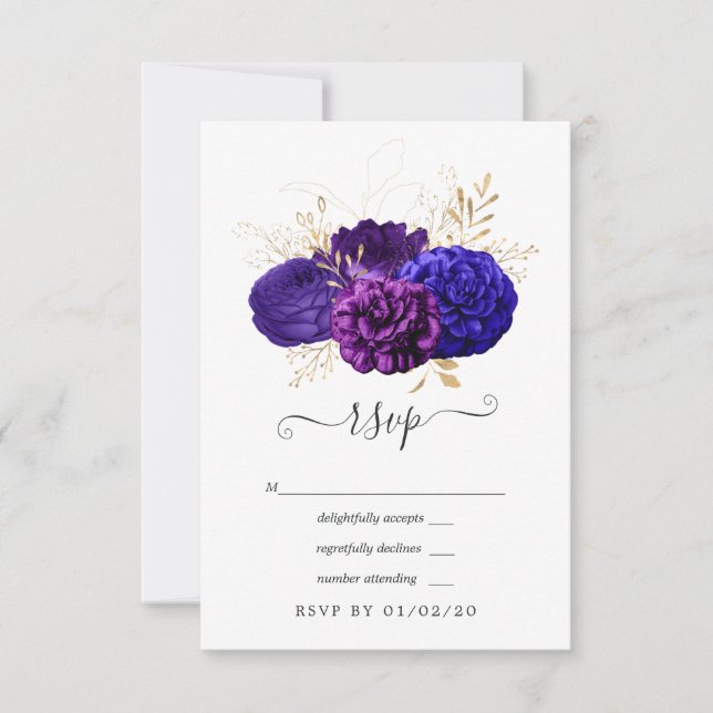 Hochzeit mit lila Blauer und Goldflorale RSVP Karte (Vorderseite)