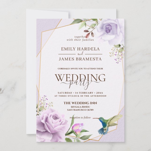 Hochzeit mit lila Rose Bird Floral Frame Wasserfar Einladung (Vorderseite)