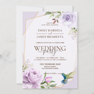 Hochzeit mit lila Rose Bird Floral Frame Wasserfar Einladung