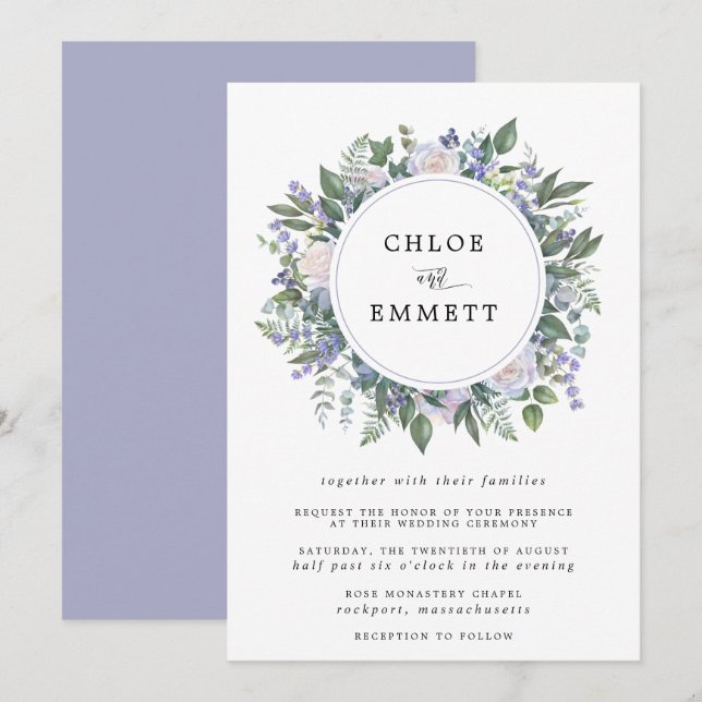Hochzeit mit Lila Rose und blauem Blumenreath Einladung (Vorne/Hinten)