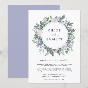 Hochzeit mit Lila Rose und blauem Blumenreath Einladung