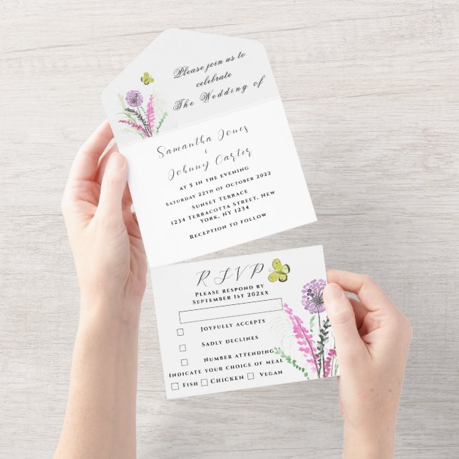 Hochzeit mit lila Wildblume All In One Einladung (Abreißen)