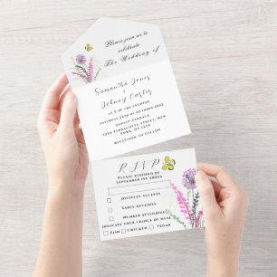 Hochzeit mit lila Wildblume All In One Einladung