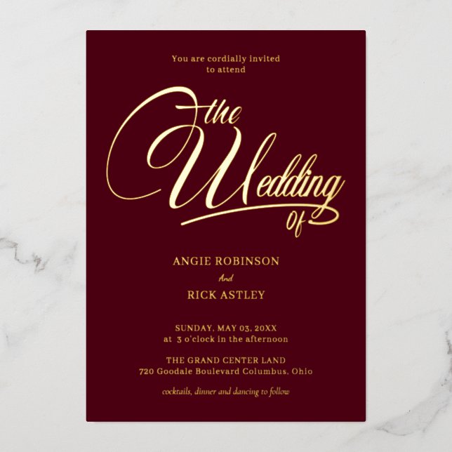 Hochzeit mit Luxus-Burgund und Gold-Foil-Stempel Folieneinladung (Vorderseite)