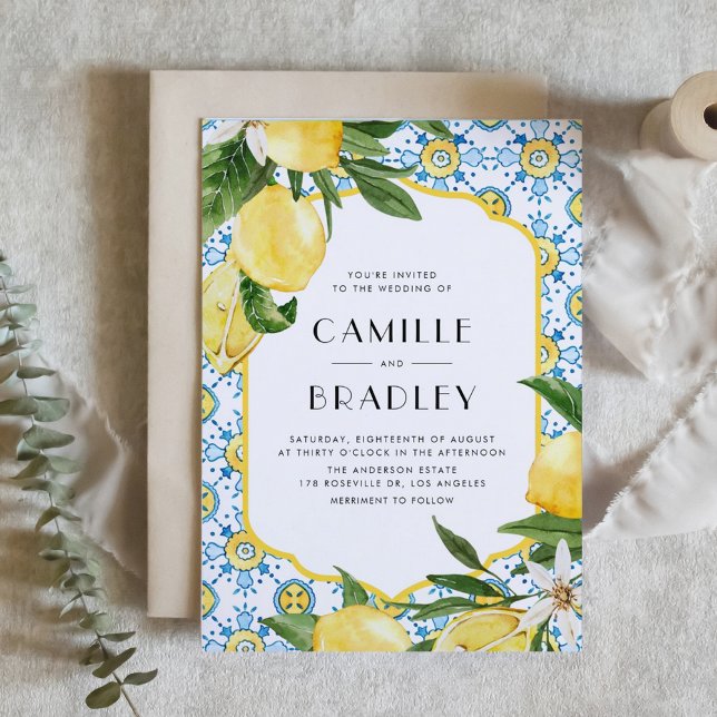 Hochzeit mit marokkanischen Tischen und Zitronen i Einladung (Watercolor Moroccan Tile and Lemon Design Mediterranean Wedding Invitation)