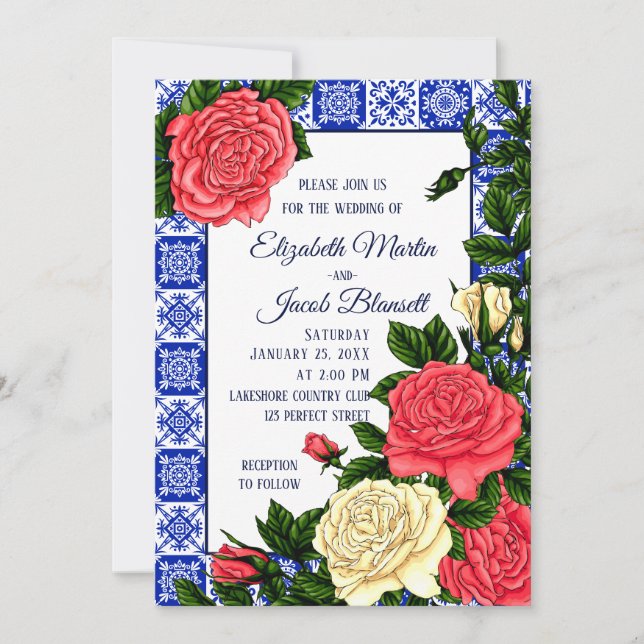 Hochzeit mit mexikanischen Korallen und Creme-Rose Einladung (Vorderseite)