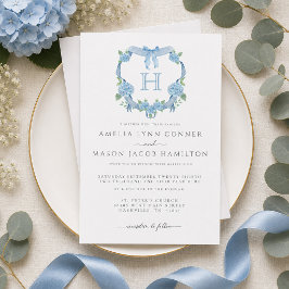 Hochzeit mit Monogramm Blaue Hortensien-Blumenwapp Einladung