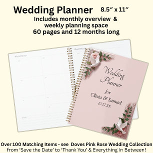 Hochzeit mit Namen & Datum rosa Rosen & Tauben Planer
