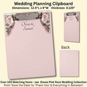 Hochzeit mit Namen, rosa Rosen und Tauben Klemmbrett