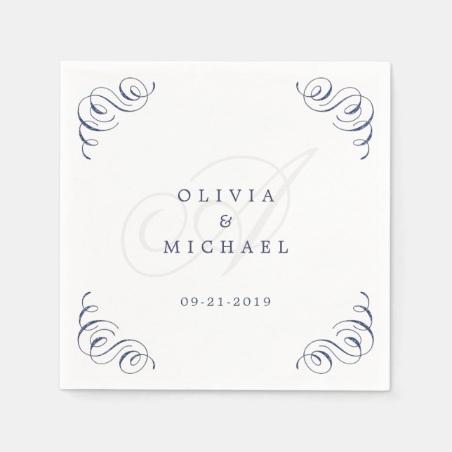 Hochzeit mit Navy-Vintag-blüh-Kalligraphie Serviette (Vorderseite)