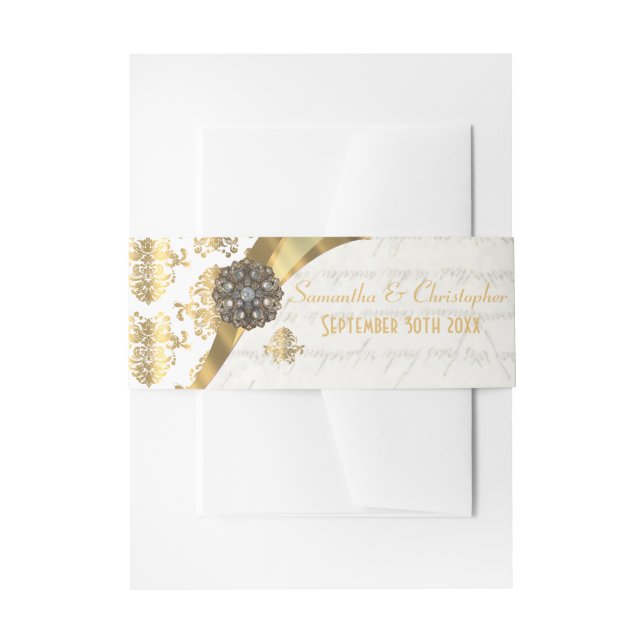 Hochzeit mit Pergament, Gold und weißen Damast Einladungsbanderole (Vorderseite Beispiel)