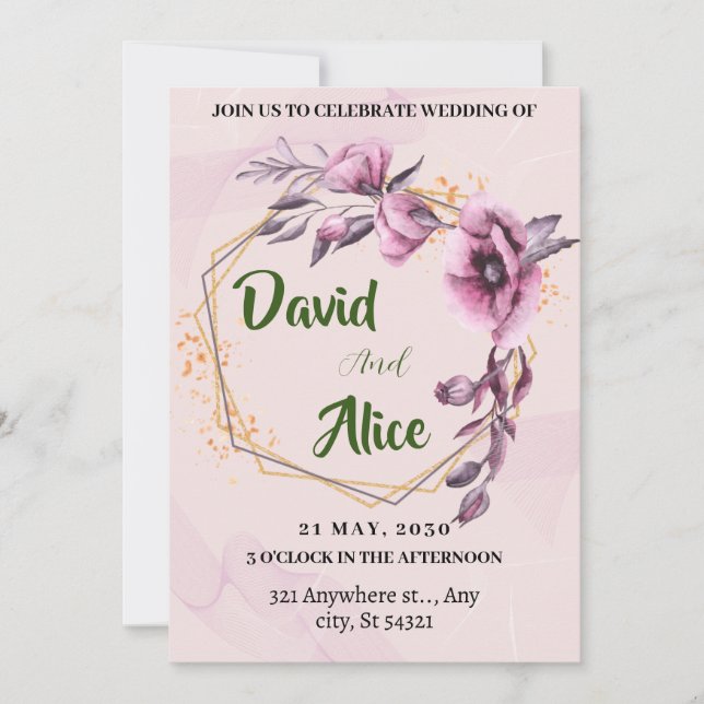 Hochzeit mit rosa Aquarellfarben, Goldrahmen, Blum Einladung (Vorderseite)