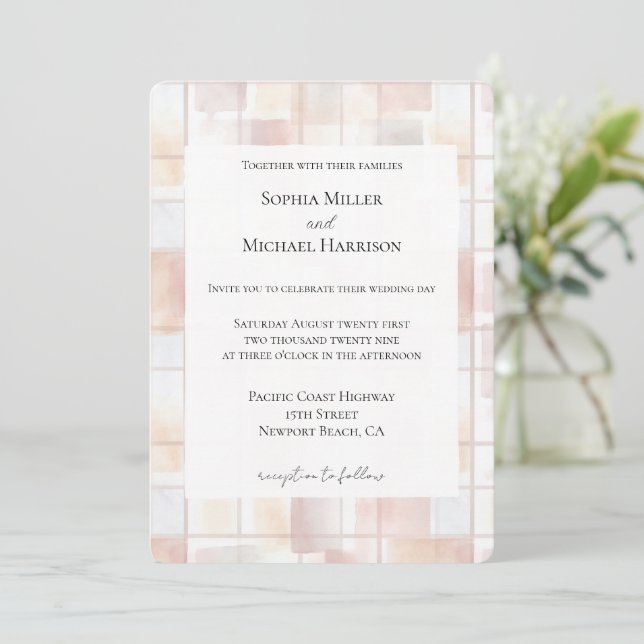 Hochzeit mit rosa Pfirsich-Quadraten Einladung (Stehend Vorderseite)